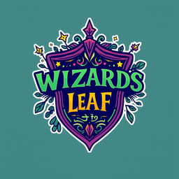 A stylish, text-based funky logo featuring the text "WIZARDS LEAF" creatively integrated with an iconic Harry Potter shield design