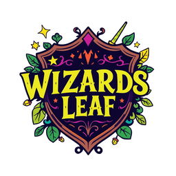 A stylish, text-based funky logo featuring the text "WIZARDS LEAF" creatively integrated with an iconic Harry Potter shield design
