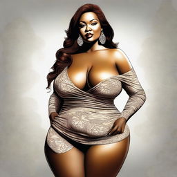 The image is a tasteful and respectful digital art piece that features a woman with a voluptuous figure