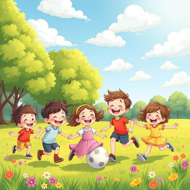 A whimsical and colorful scene capturing the playful essence of childhood, featuring a group of cheerful kids engaged in a delightful outdoor game in a sunny park