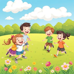 A whimsical and colorful scene capturing the playful essence of childhood, featuring a group of cheerful kids engaged in a delightful outdoor game in a sunny park