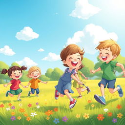 A whimsical and colorful scene capturing the playful essence of childhood, featuring a group of cheerful kids engaged in a delightful outdoor game in a sunny park