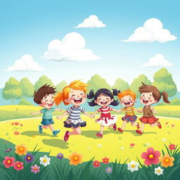 A whimsical and colorful scene capturing the playful essence of childhood, featuring a group of cheerful kids engaged in a delightful outdoor game in a sunny park