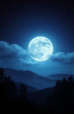 A dreamy, ethereal scene depicting a large, luminous moon shining brightly in a star-filled night sky