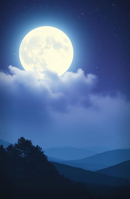 A dreamy, ethereal scene depicting a large, luminous moon shining brightly in a star-filled night sky