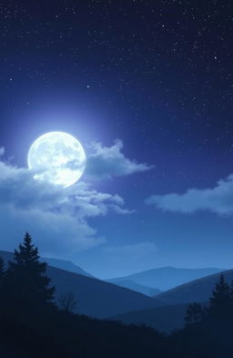 A dreamy, ethereal scene depicting a large, luminous moon shining brightly in a star-filled night sky