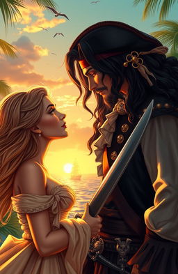 A captivating romance scene set in a lush, tropical paradise
