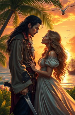 A captivating romance scene set in a lush, tropical paradise
