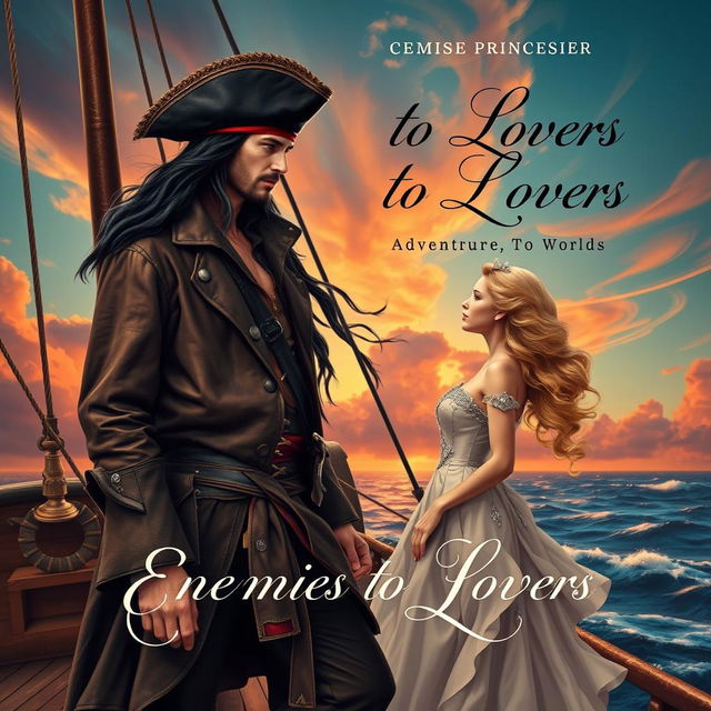 An enchanting book cover depicting a romance between a dashing pirate captain and a beautiful princess, capturing the essence of enemies to lovers