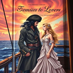 An enchanting book cover depicting a romance between a dashing pirate captain and a beautiful princess, capturing the essence of enemies to lovers