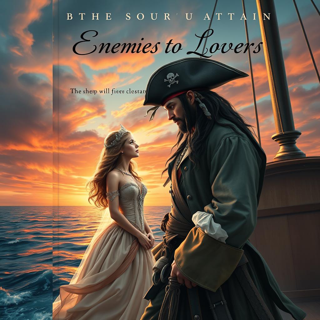 An enchanting book cover depicting a romance between a dashing pirate captain and a beautiful princess, capturing the essence of enemies to lovers