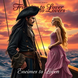 An enchanting book cover depicting a romance between a dashing pirate captain and a beautiful princess, capturing the essence of enemies to lovers