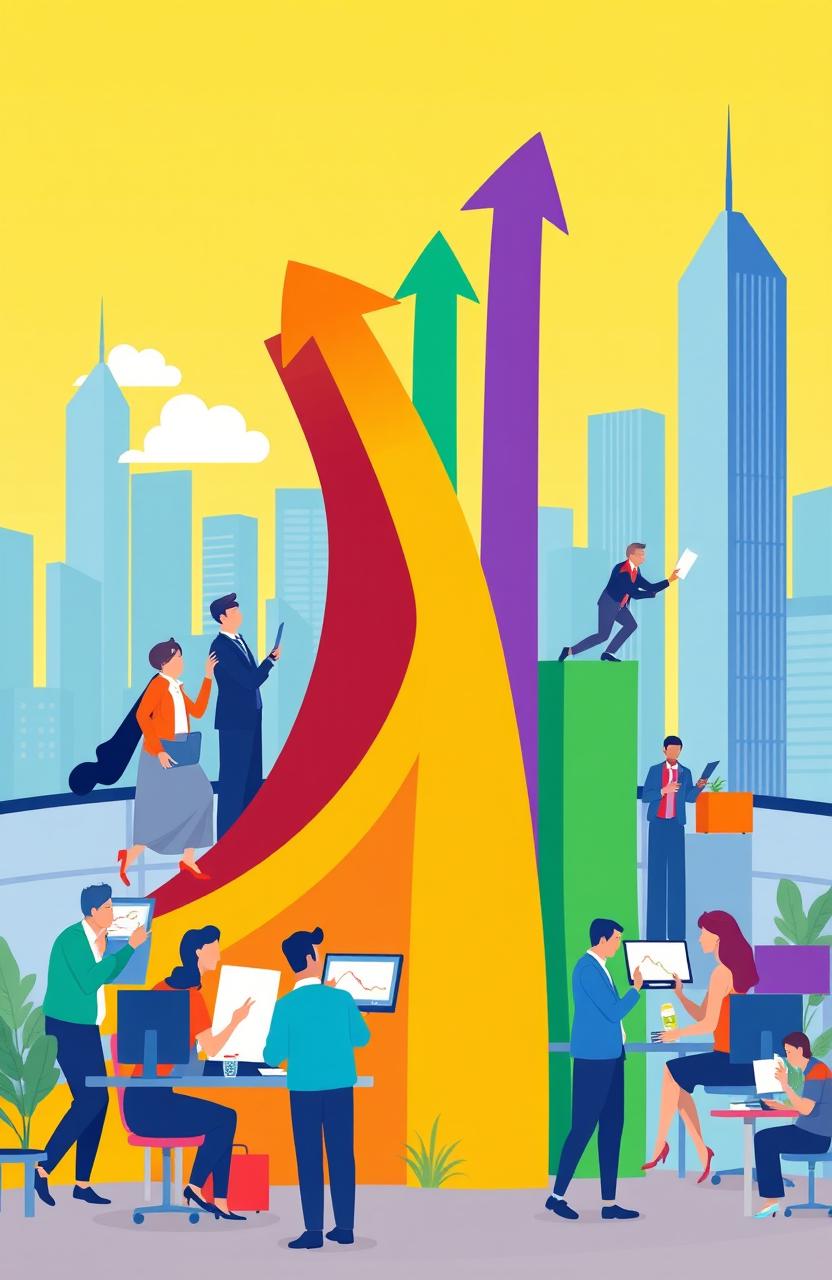 A vibrant and dynamic illustration showcasing business growth, featuring an upward trending graph with colorful arrows, diverse professionals engaged in collaboration, and modern office spaces filled with innovative technology