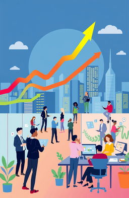 A vibrant and dynamic illustration showcasing business growth, featuring an upward trending graph with colorful arrows, diverse professionals engaged in collaboration, and modern office spaces filled with innovative technology