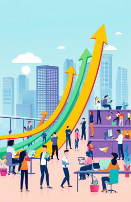A vibrant and dynamic illustration showcasing business growth, featuring an upward trending graph with colorful arrows, diverse professionals engaged in collaboration, and modern office spaces filled with innovative technology