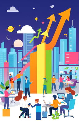 A vibrant and dynamic illustration showcasing business growth, featuring an upward trending graph with colorful arrows, diverse professionals engaged in collaboration, and modern office spaces filled with innovative technology