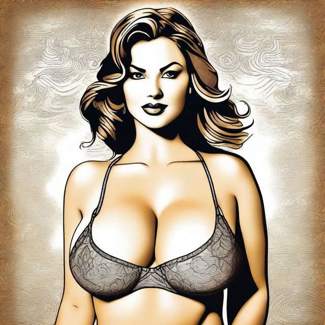 The image is a tasteful digital art piece showcasing a Caucasian woman with a voluptuous figure, wearing a stylish and appealing bra