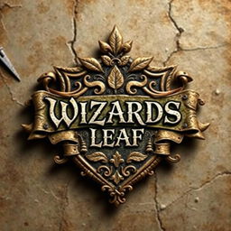 A worn-out and cracked medieval crest, featuring an intricate text-based logo that reads 'WIZARDS LEAF'
