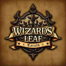 A worn-out and cracked medieval crest, featuring an intricate text-based logo that reads 'WIZARDS LEAF'