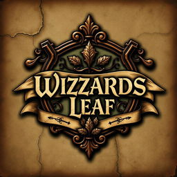 A worn-out and cracked medieval crest, featuring an intricate text-based logo that reads 'WIZARDS LEAF'