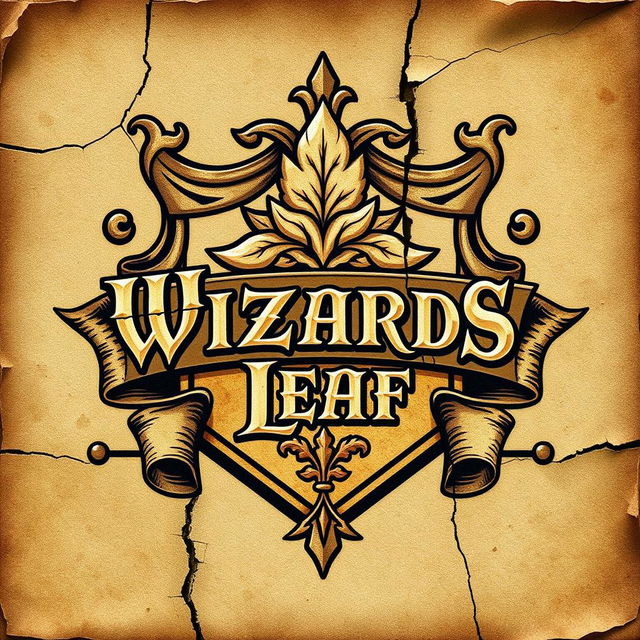 A worn-out and cracked medieval crest, featuring an intricate text-based logo that reads 'WIZARDS LEAF'