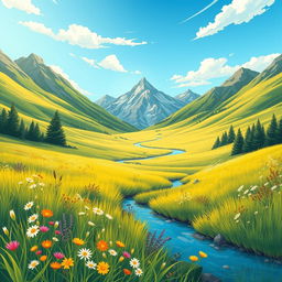 A dynamic illustration demonstrating the concepts of depth and perspective through a vibrant landscape