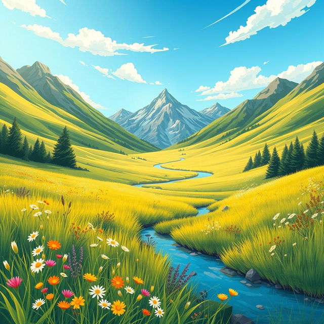 A dynamic illustration demonstrating the concepts of depth and perspective through a vibrant landscape