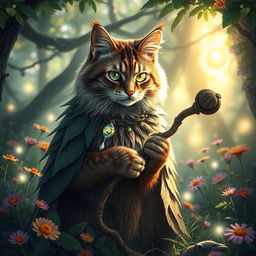 A mystical druid cat in a lush enchanted forest, surrounded by colorful wildflowers and gentle glowing orbs of light