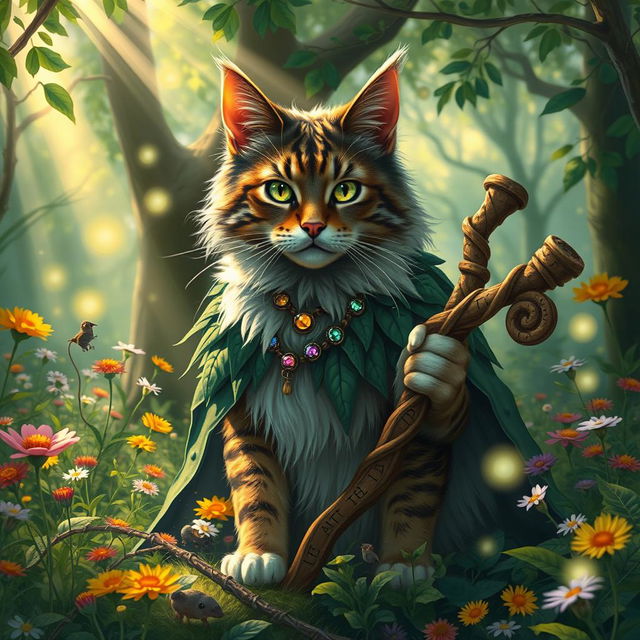 A mystical druid cat in a lush enchanted forest, surrounded by colorful wildflowers and gentle glowing orbs of light