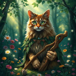 A mystical druid cat in a lush enchanted forest, surrounded by colorful wildflowers and gentle glowing orbs of light