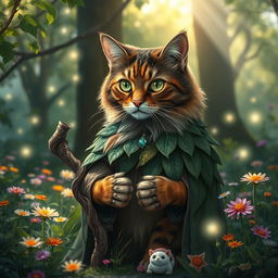 A mystical druid cat in a lush enchanted forest, surrounded by colorful wildflowers and gentle glowing orbs of light