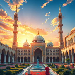 A serene and beautifully detailed illustration of an Islamic mosque, showcasing intricate geometric patterns, stunning arabesques, and vibrant tile work