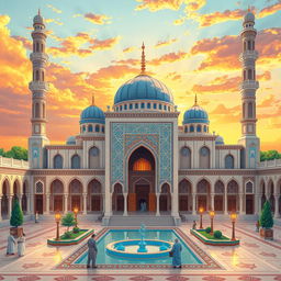 A serene and beautifully detailed illustration of an Islamic mosque, showcasing intricate geometric patterns, stunning arabesques, and vibrant tile work