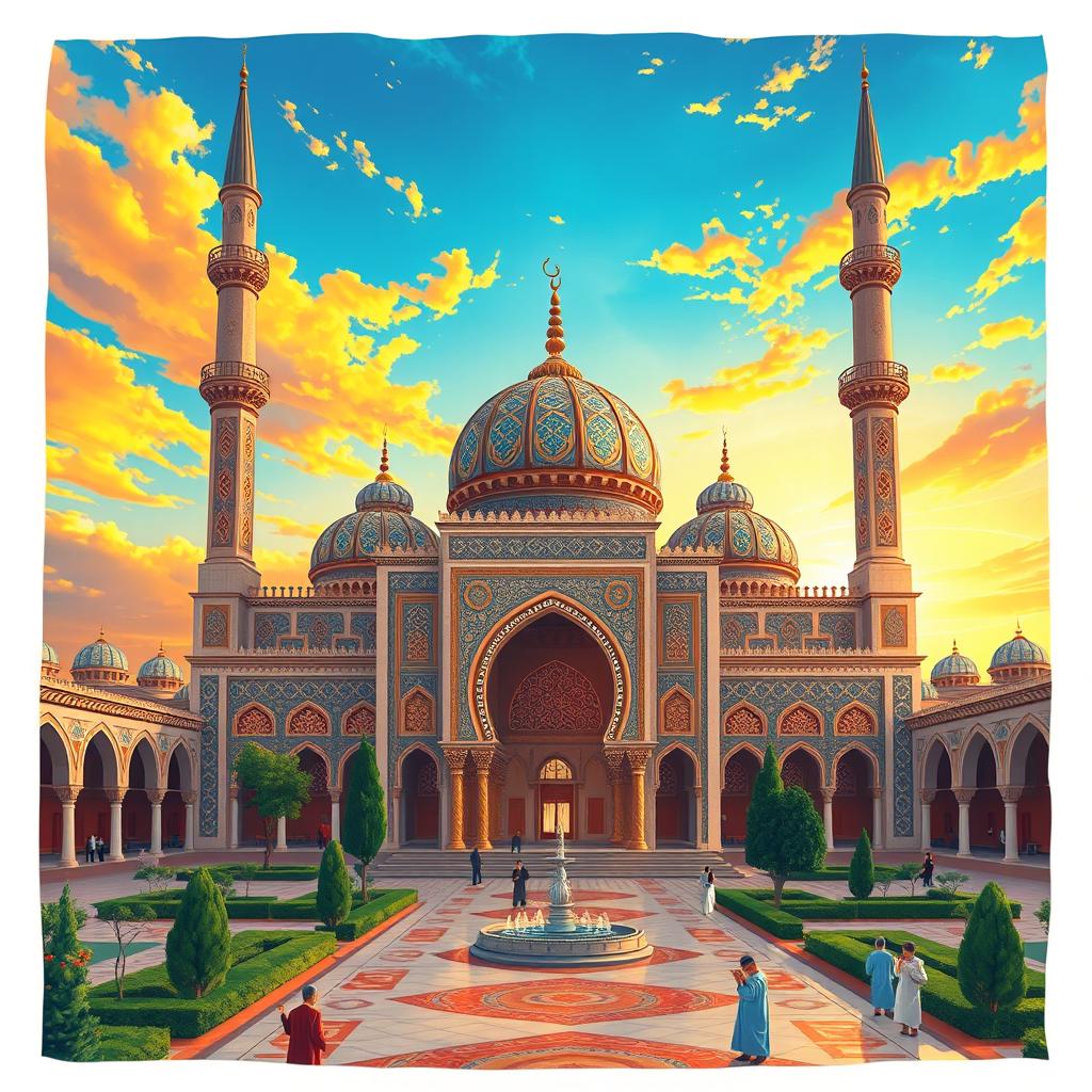 A serene and beautifully detailed illustration of an Islamic mosque, showcasing intricate geometric patterns, stunning arabesques, and vibrant tile work