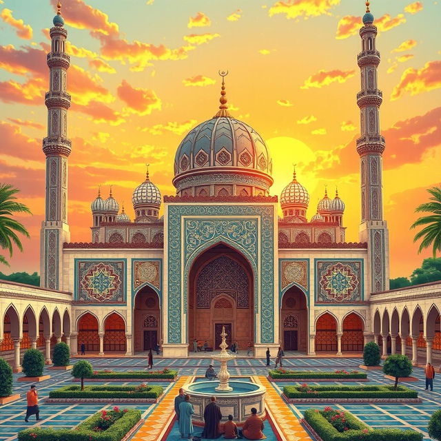 A serene and beautifully detailed illustration of an Islamic mosque, showcasing intricate geometric patterns, stunning arabesques, and vibrant tile work