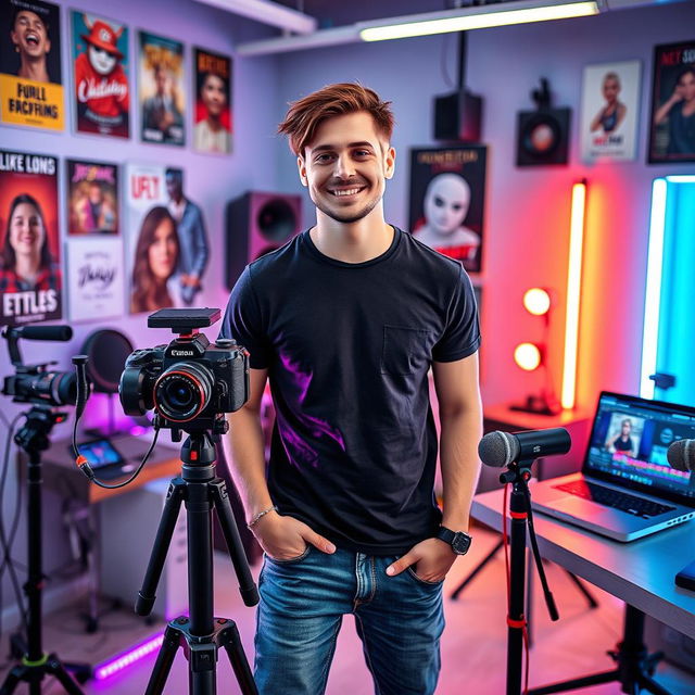 A charismatic male content creator in a modern, stylish studio