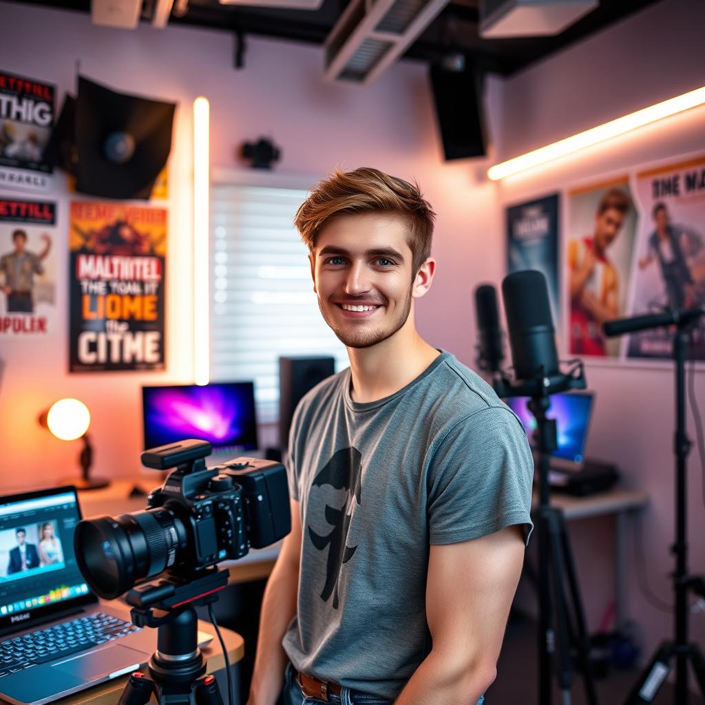 A charismatic male content creator in a modern, stylish studio