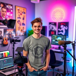 A charismatic male content creator in a modern, stylish studio