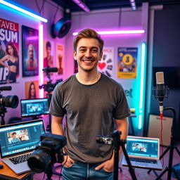 A charismatic male content creator in a modern, stylish studio