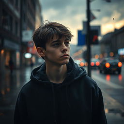 A teenage boy wearing a hoodie, standing under the rain with droplets falling around him, looking contemplative