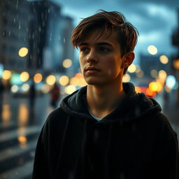A teenage boy wearing a hoodie, standing under the rain with droplets falling around him, looking contemplative