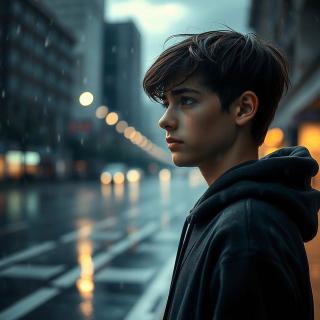 A teenage boy wearing a hoodie, standing under the rain with droplets falling around him, looking contemplative