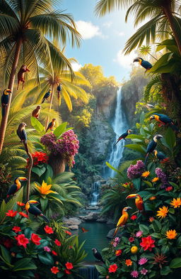 A vibrant and lush jungle scene filled with a diverse array of exotic plants and wildlife, featuring tall palm trees, dense foliage, colorful flowers, and a wide variety of jungle animals such as monkeys swinging between branches, birds in vivid colors like toucans and parrots, and butterflies fluttering around