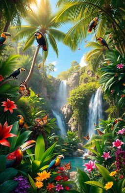 A vibrant and lush jungle scene filled with a diverse array of exotic plants and wildlife, featuring tall palm trees, dense foliage, colorful flowers, and a wide variety of jungle animals such as monkeys swinging between branches, birds in vivid colors like toucans and parrots, and butterflies fluttering around