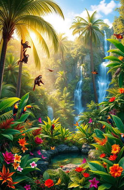 A vibrant and lush jungle scene filled with a diverse array of exotic plants and wildlife, featuring tall palm trees, dense foliage, colorful flowers, and a wide variety of jungle animals such as monkeys swinging between branches, birds in vivid colors like toucans and parrots, and butterflies fluttering around