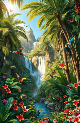 A vibrant and lush jungle scene filled with a diverse array of exotic plants and wildlife, featuring tall palm trees, dense foliage, colorful flowers, and a wide variety of jungle animals such as monkeys swinging between branches, birds in vivid colors like toucans and parrots, and butterflies fluttering around