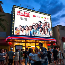 A vibrant movie theater exterior showcasing a colorful Spanish comedy film poster
