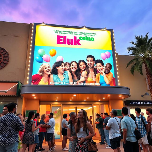 A vibrant movie theater exterior showcasing a colorful Spanish comedy film poster