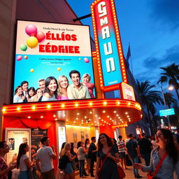 A vibrant movie theater exterior showcasing a colorful Spanish comedy film poster