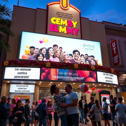 A vibrant movie theater exterior showcasing a colorful Spanish comedy film poster